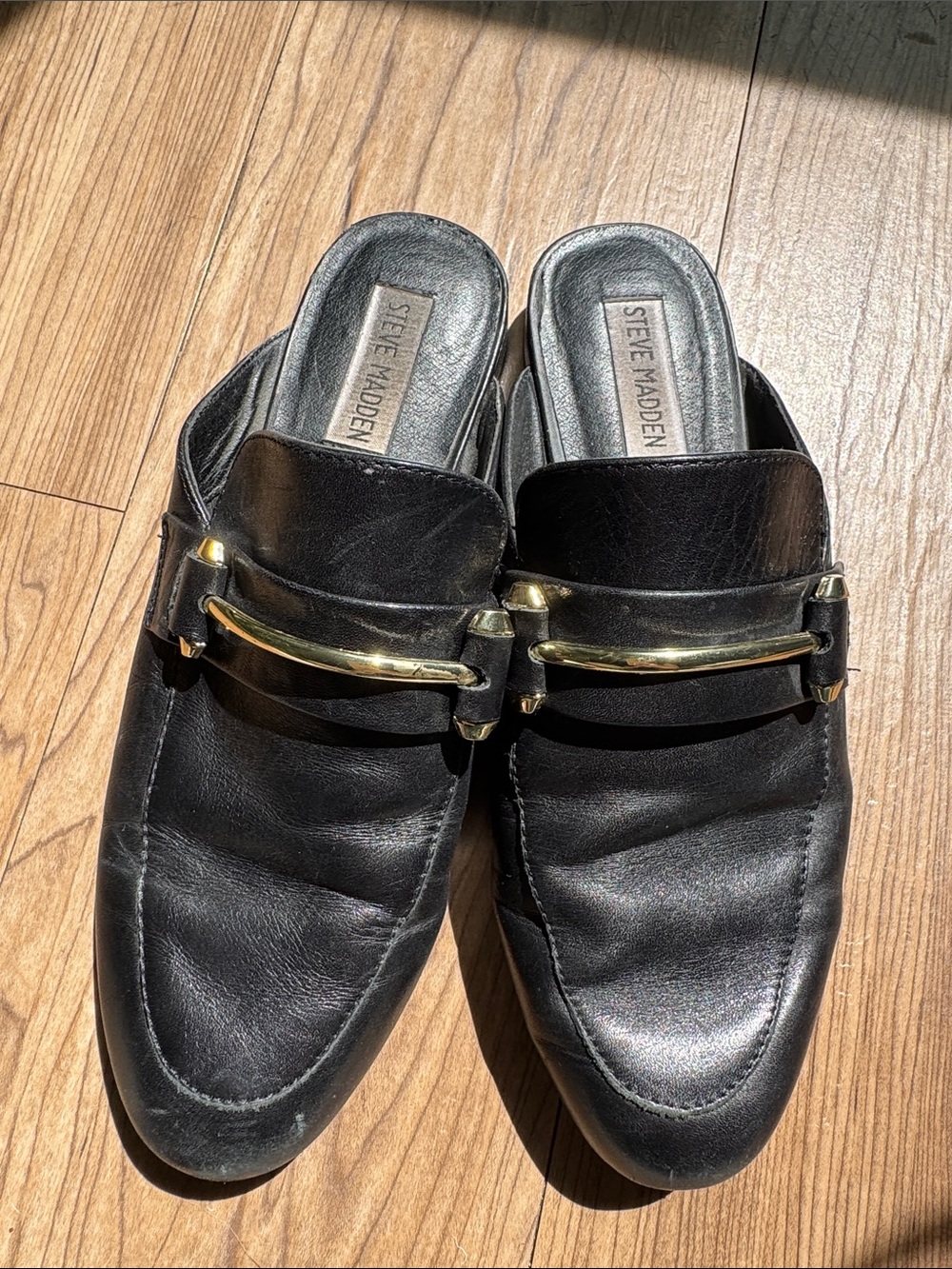 Steve Madden Black Leather Mule Slides with Gold Hardware